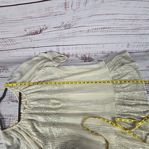 Carolina K Dress M Cream Sequin Sheer Sleeve Ruffle Tier Fairy Feminine Showgirl - Picture 14 of 15
